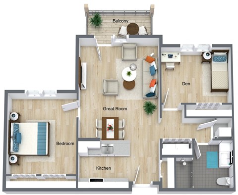 Floor plan for 2 beds, 1 bath, 908 sqft